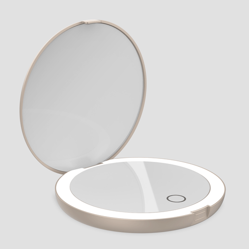 COMPACT 2.0 Soft Stone LED compact mirror open and illuminated